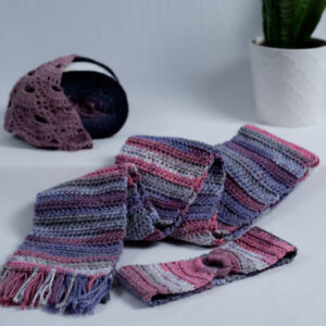 Scarf and headband. Crocheted with Grey Purple and Pink yarn
